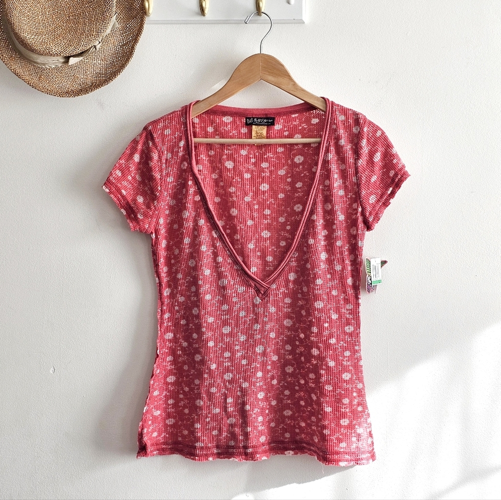 NWT Vintage Y2K Self Esteem Pink Floral Deep V Ribbed Baby Tee Top Junior Size L